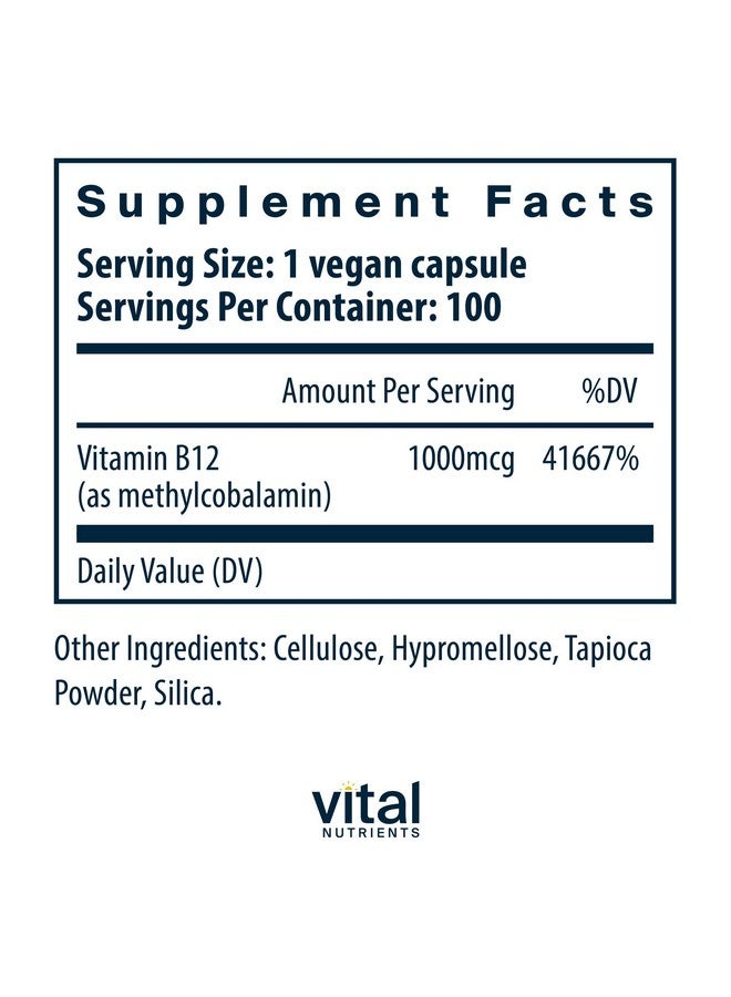 Vital Nutrients Vitamin B12 1000mcg - Vegan - Methylcobalamin for Metabolism, Cognitive & Nervous System Health* - High-Potency B12 Supplement - Gluten, Dairy, Soy Free - 100 Capsules - Image 2