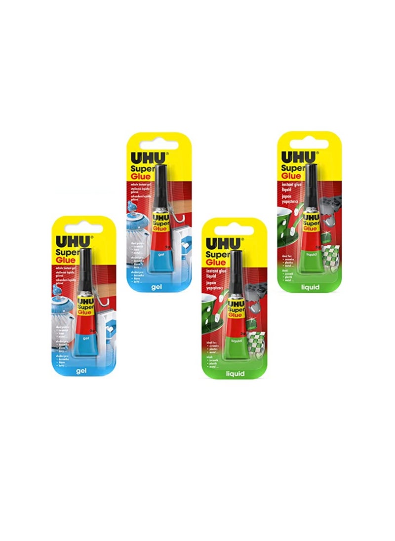 UHU UHU SUPER GLUE LIQUID 3g,2PC + UHU SUPER GLUE GEL 2g, 2 PC SPECIAL PACK, 3g x 2 + 2g x 2, Ultra Fast And Strong Super Glue, Transparent  - Image 1