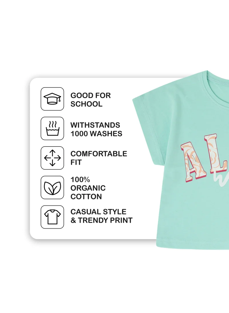 CANADA HOUSE Soft and Comfortable Aloha Printed Mint Green Cotton T-shirt for Girls