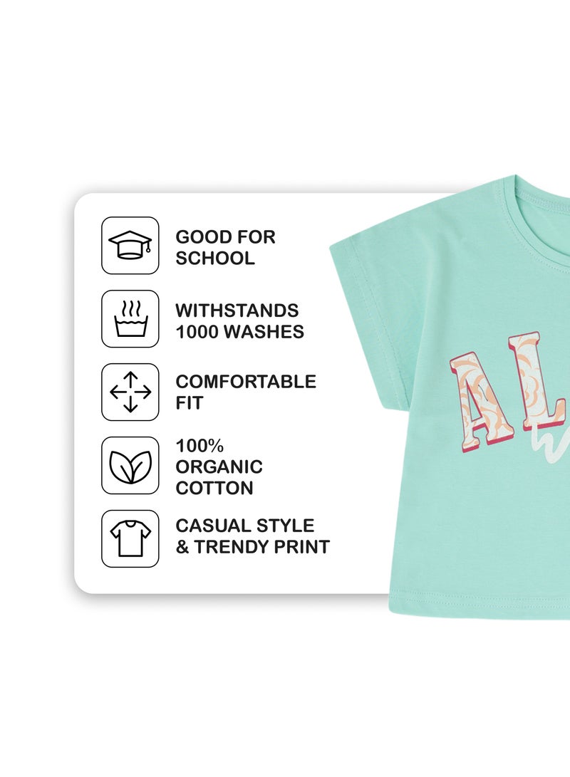 CANADA HOUSE Soft and Comfortable Aloha Printed Mint Green Cotton T-shirt for Girls - Image 3