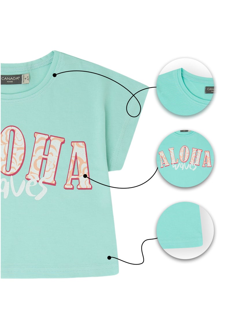 CANADA HOUSE Soft and Comfortable Aloha Printed Mint Green Cotton T-shirt for Girls - Image 4