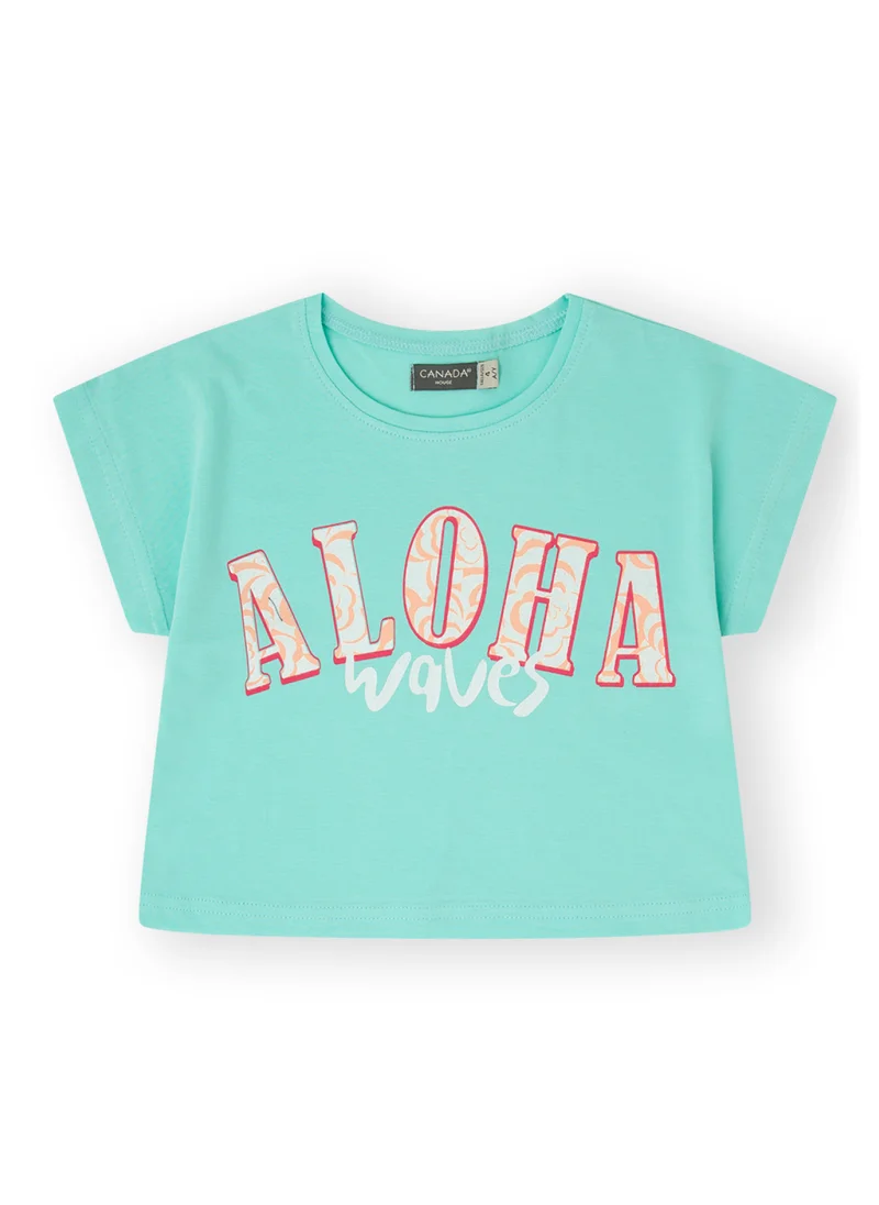 CANADA HOUSE Soft and Comfortable Aloha Printed Mint Green Cotton T-shirt for Girls