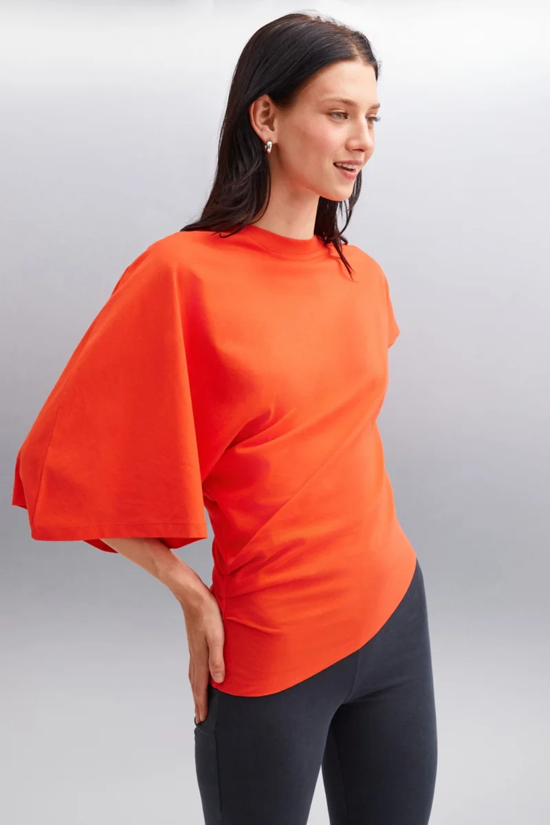GRIMELANGE Katie Asymmetric Relaxed Cut Short Sleeve Crew Neck Red T-Shirt