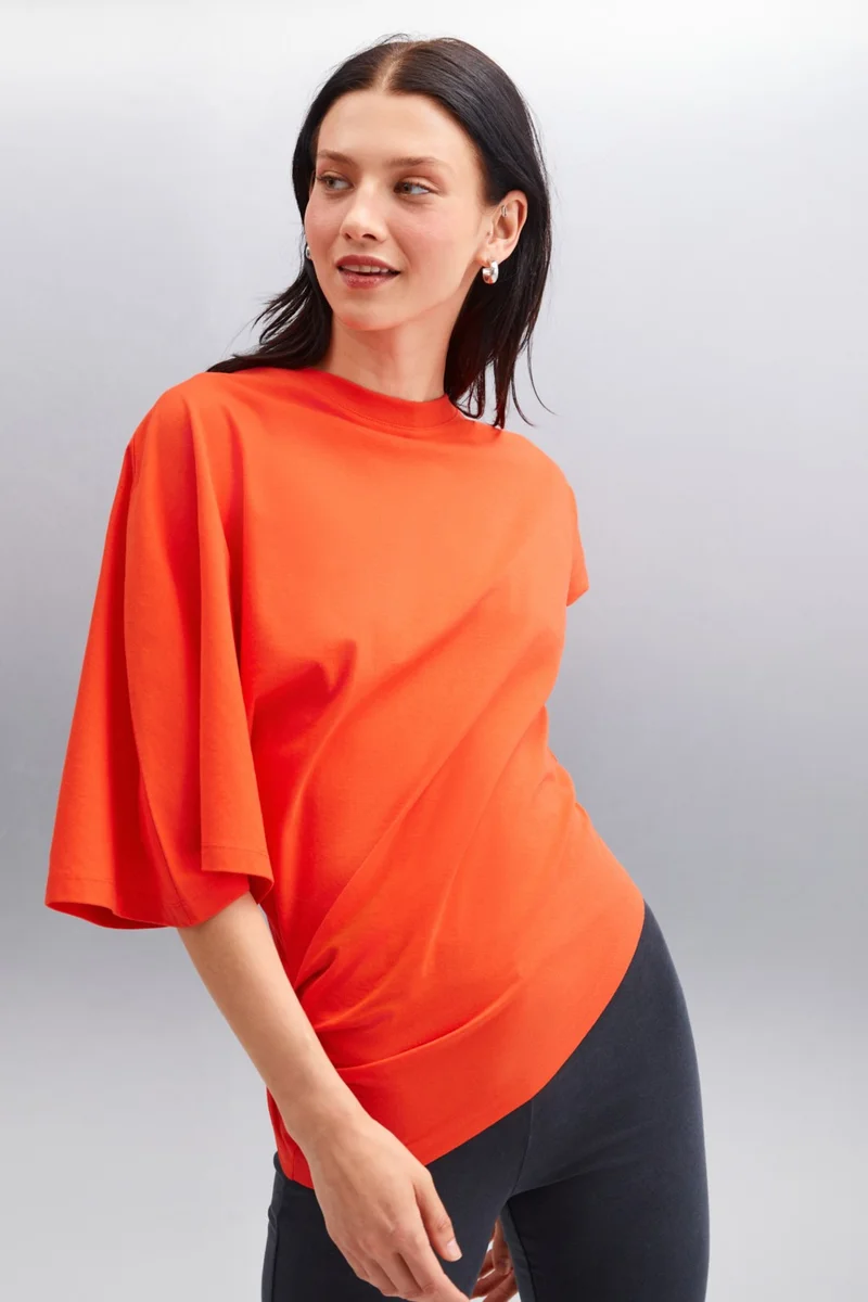 GRIMELANGE Katie Asymmetric Relaxed Cut Short Sleeve Crew Neck Red T-Shirt