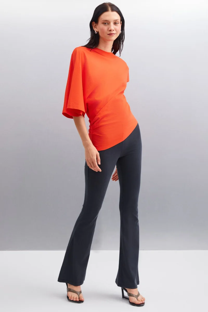 GRIMELANGE Katie Asymmetric Relaxed Cut Short Sleeve Crew Neck Red T-Shirt