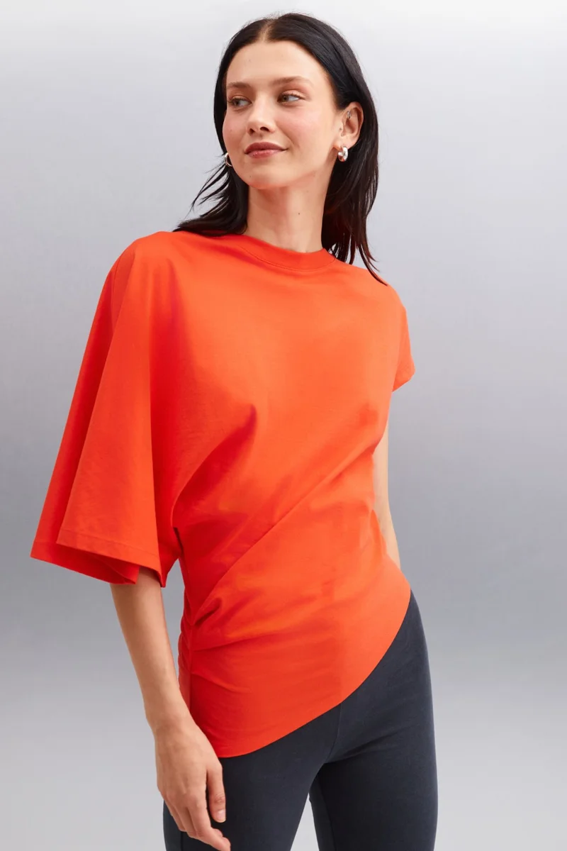 GRIMELANGE Katie Asymmetric Relaxed Cut Short Sleeve Crew Neck Red T-Shirt
