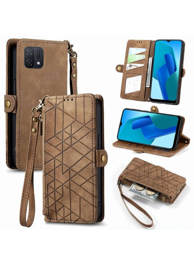 اس-توب جراب هاتف OPPO A16K بتصميم هندسي وسحاب ومشبك جانبي من الجلد - Image 1