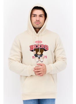 Men Hooded Embroidered Logo Long Sleeves Sweatshirt, Beige Combo