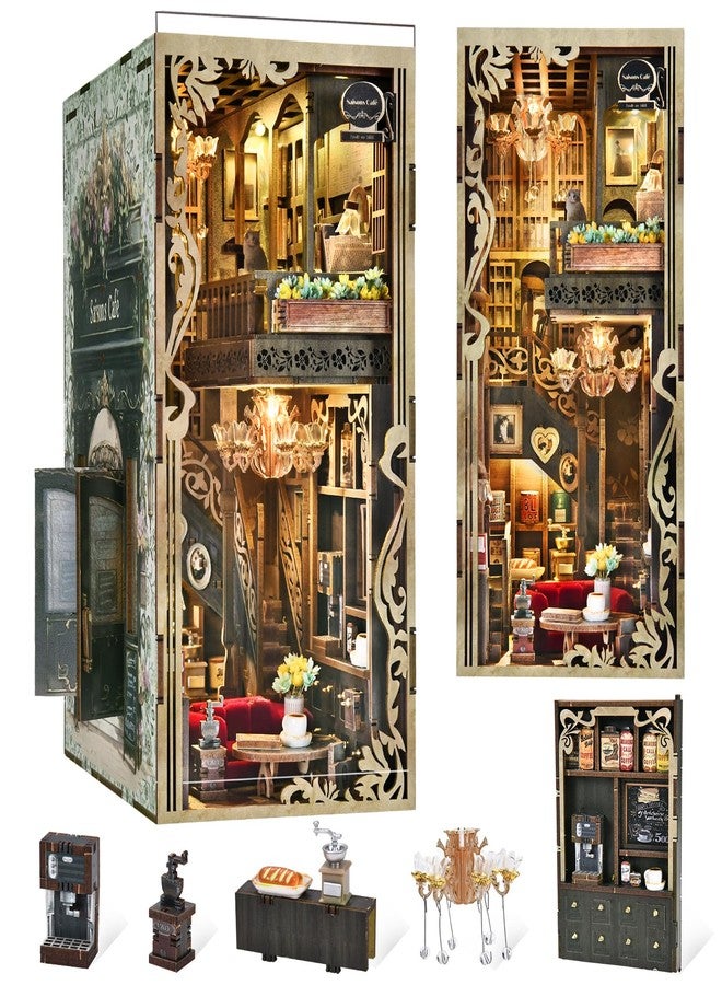 MiniCity Book Nook Kit, DIY Doll House Booknook, Miniature Kit for Bookshelf Doll Houses for Adults Teen Halloween, 3D Wooden Puzzle Bookends with Led Light and Dust Cover (Saisons Café) - Image 1