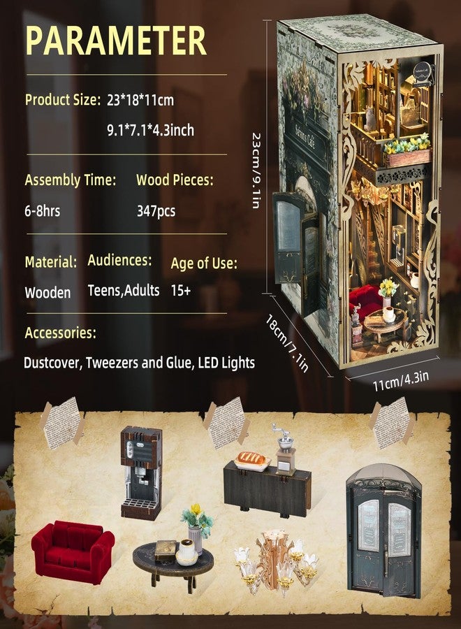 MiniCity Book Nook Kit, DIY Doll House Booknook, Miniature Kit for Bookshelf Doll Houses for Adults Teen Halloween, 3D Wooden Puzzle Bookends with Led Light and Dust Cover (Saisons Café) - Image 3