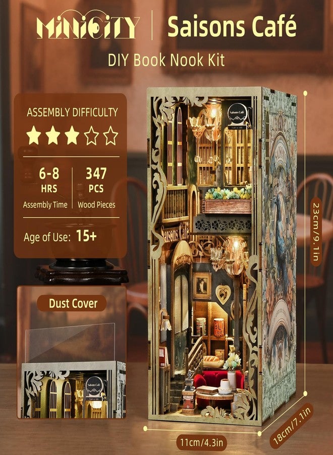 MiniCity Book Nook Kit, DIY Doll House Booknook, Miniature Kit for Bookshelf Doll Houses for Adults Teen Halloween, 3D Wooden Puzzle Bookends with Led Light and Dust Cover (Saisons Café) - Image 2