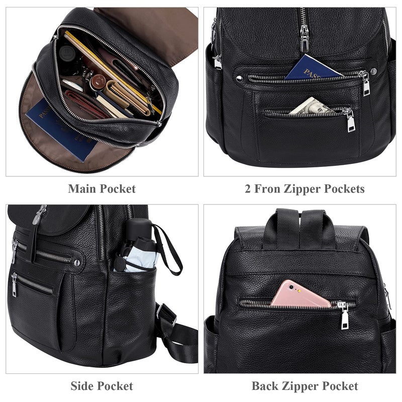 ALTOSY Leather Backpack Purse for Women Fashion Casual Handbag with Multi Pockets and Flap(S107 Black) - Image 2