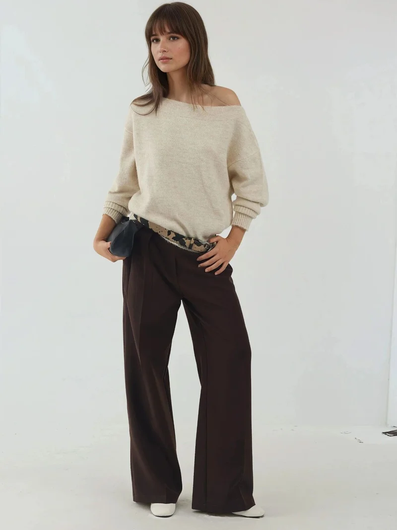 HICCUP Cream Natural Soft Textured Off Shoulder Knit Sweater for Women | Best Price UAE