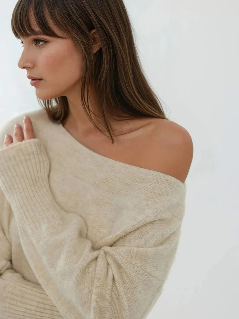 HICCUP Cream Natural Soft Textured Off Shoulder Knit Sweater for Women | Best Price UAE