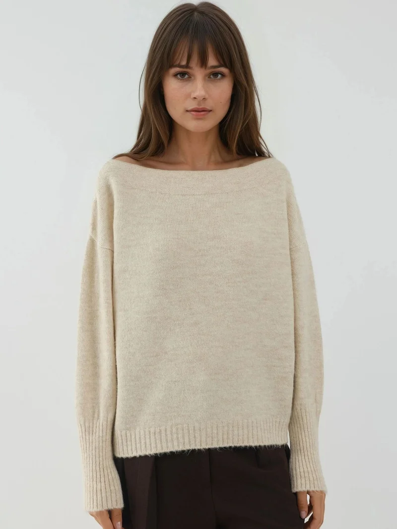 HICCUP Cream Natural Soft Textured Off Shoulder Knit Sweater for Women | Best Price UAE