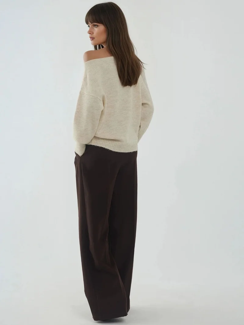 HICCUP Cream Natural Soft Textured Off Shoulder Knit Sweater for Women | Best Price UAE