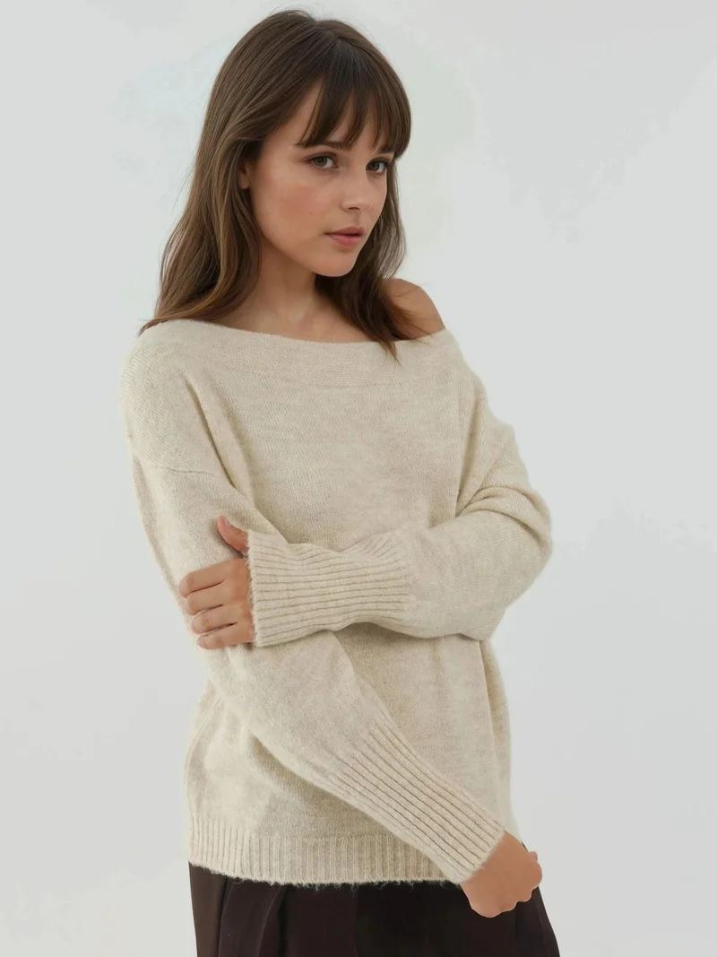 HICCUP Cream Natural Soft Textured Off Shoulder Knit Sweater for Women | Best Price UAE