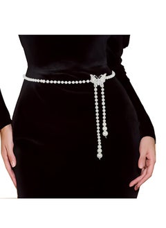 Pearl Waist Chain for Women Girls Adjustable Body Link Belt With Butterfly Buckle Fashion Belly Faux Pearl Jewelry Belly Waist Chain Summer Body Beach Jewelry for Jeans Dresses