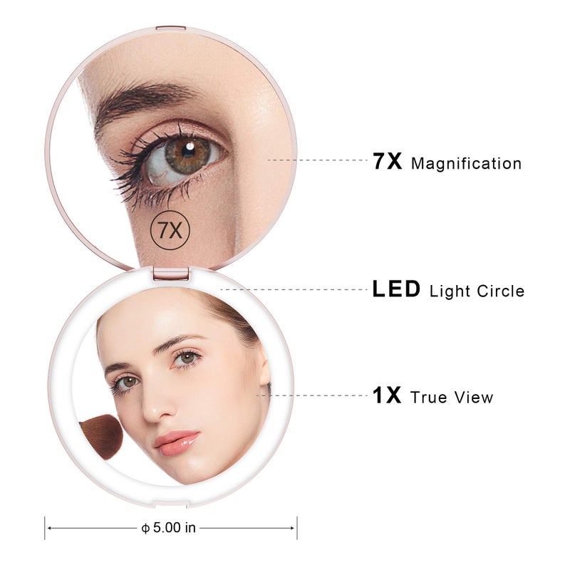 Benbilry LED Lighted Compact Travel Makeup Mirror with Lights, 1x/7x Magnification, 5 Inch Dual Sided Portable Illuminated â€“ Perfect for Handbag - Image 2
