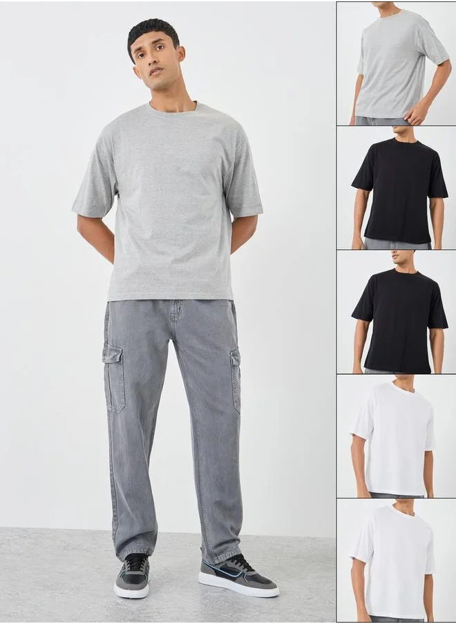 Styli Styli Pack of 5 - Solid Crew Neck Cotton Oversized T-Shirt