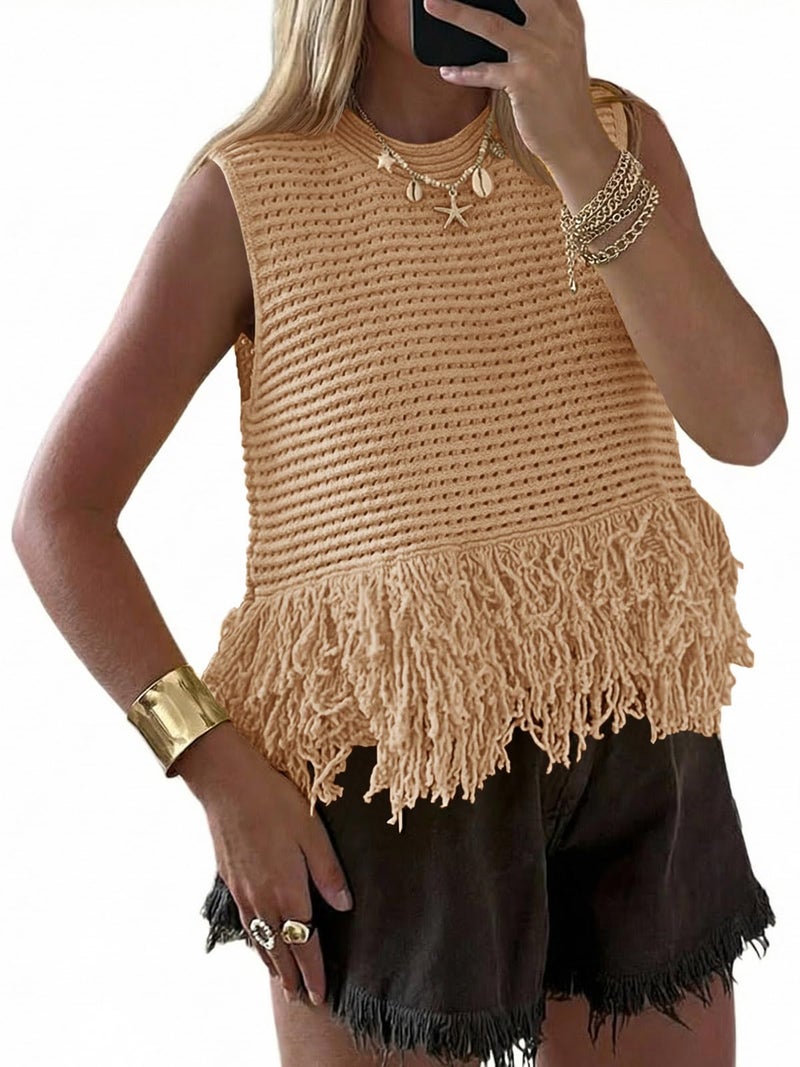 Saodimallsu Womens Crochet Crop Tank Tops Sleeveless Fringe Crew Neck Trendy Boho Knit Summer Sweater Vest Khaki - Image 1