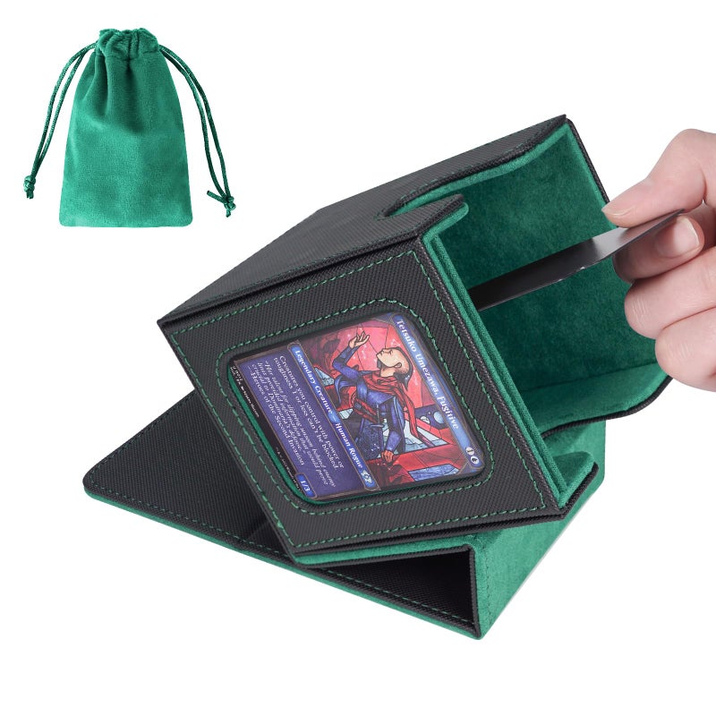 AFIING MTG Deck Box for Commander DisplayCard Deck case Fits 100 Double Sleeved CardsMagic Commander TCG Card Storage Box with 2 DividersDice Bag and Toploader Black Green - Image 2