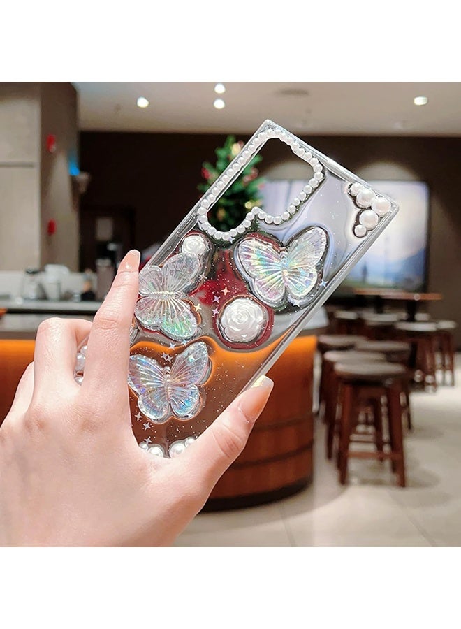 Wffo Compatible with Samsung Galaxy S24 Ultra Case - 3D Butterfly Rose Flower Shiny Girl Phone Case - Clear Phone Case - with Aesthetic Rose Floral Shiny Girly Phone Case - TPU Drop Protection - Crystal Butterfly - Image 2