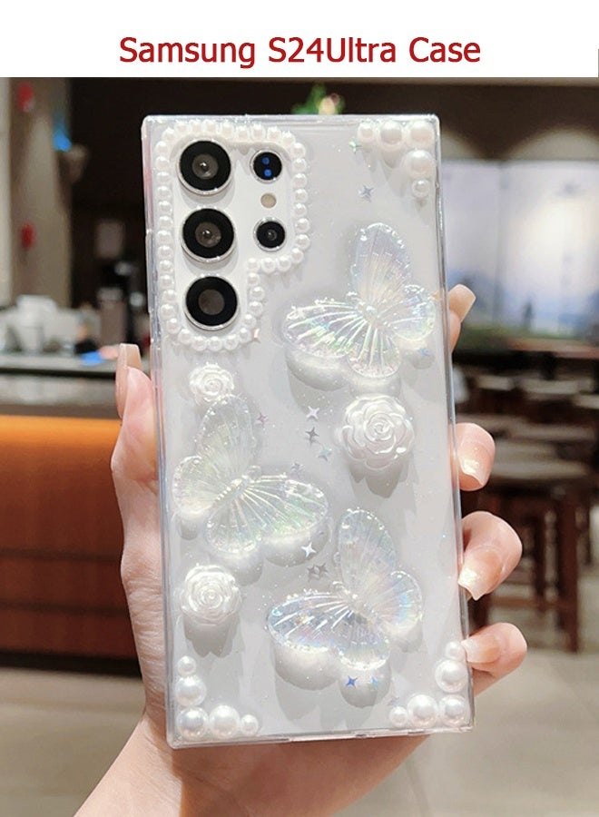 Wffo Compatible with Samsung Galaxy S24 Ultra Case - 3D Butterfly Rose Flower Shiny Girl Phone Case - Clear Phone Case - with Aesthetic Rose Floral Shiny Girly Phone Case - TPU Drop Protection - Crystal Butterfly - Image 1