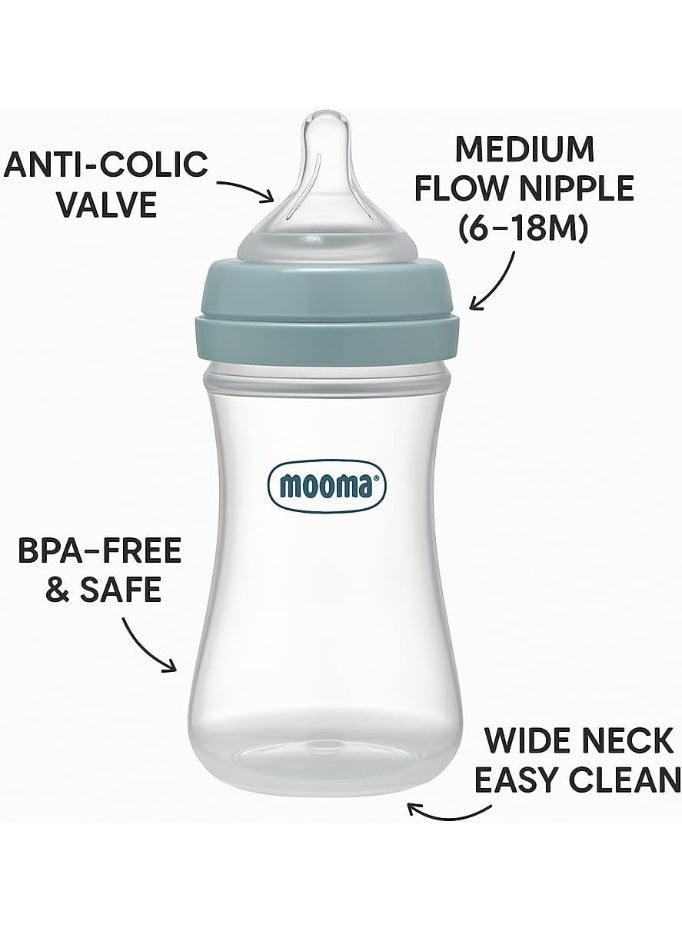 زجاجة رضاعة Mooma Kindy للأطفال سعة 250 مل مع صمام مضاد للمغص، خالية من مادة BPA، عنق واسع، تدفق متوسط (6–18 شهرًا). - Image 3