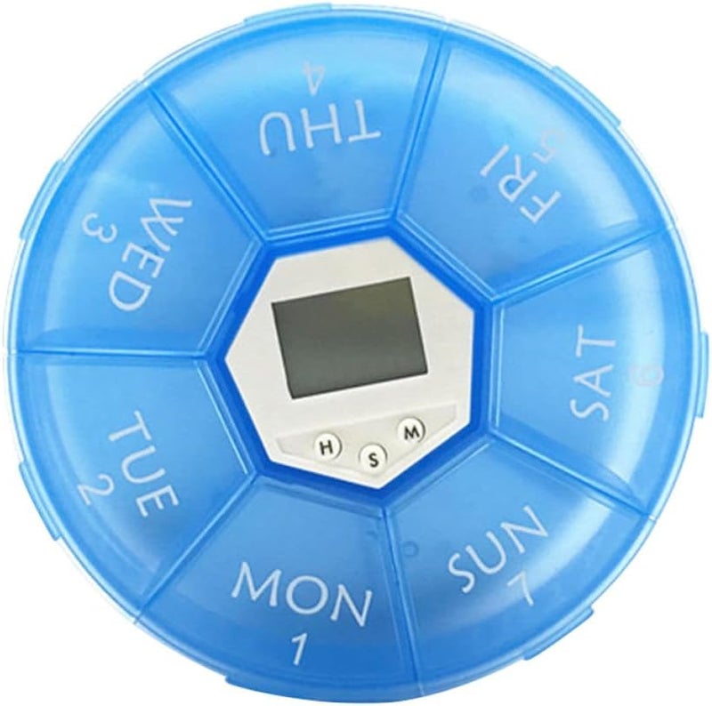 7-Compartment Electronic Alarm Pill Organizer Box with Reminder Function, Portable Daily Medicine Case for Patients and Travel, Blue - Image 1