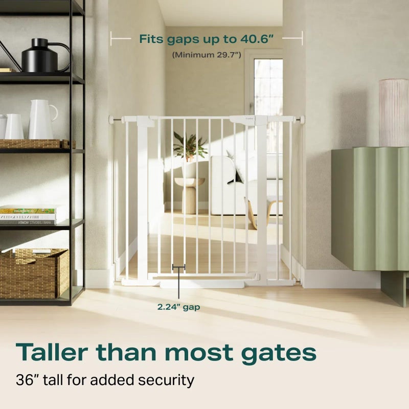 Cumbor 36" Extra Tall Baby Gate for Stairs, 29.7-40.6"(Extensions Included) Wide Dog Gate for Doorways, Pressure Mounted Auto-Close Pets Gates for Dogs Indoor, Durable Safety Child Gate, White - Image 2