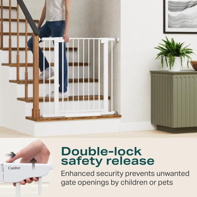 Cumbor 36" Extra Tall Baby Gate for Stairs, 29.7-40.6"(Extensions Included) Wide Dog Gate for Doorways, Pressure Mounted Auto-Close Pets Gates for Dogs Indoor, Durable Safety Child Gate, White - Image 3