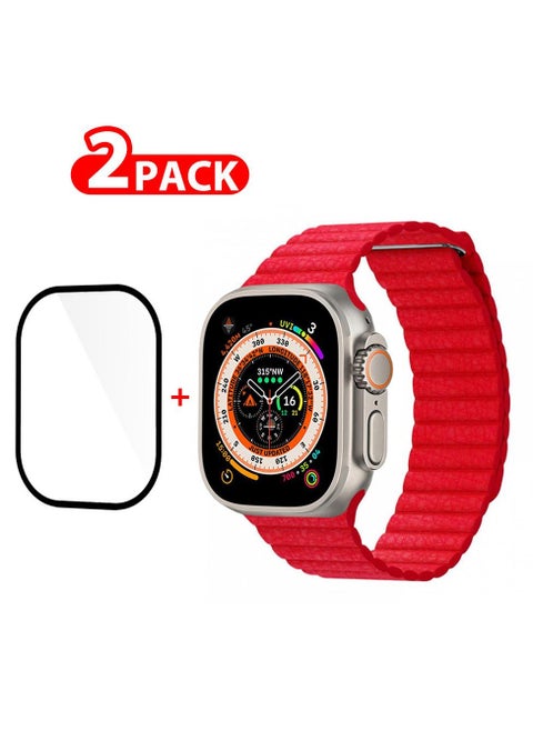 2 Packs For Apple Watch Band 49mm Leather Loop Band Magnetic Watch Strap Wristband and 3D Screen Protector Red