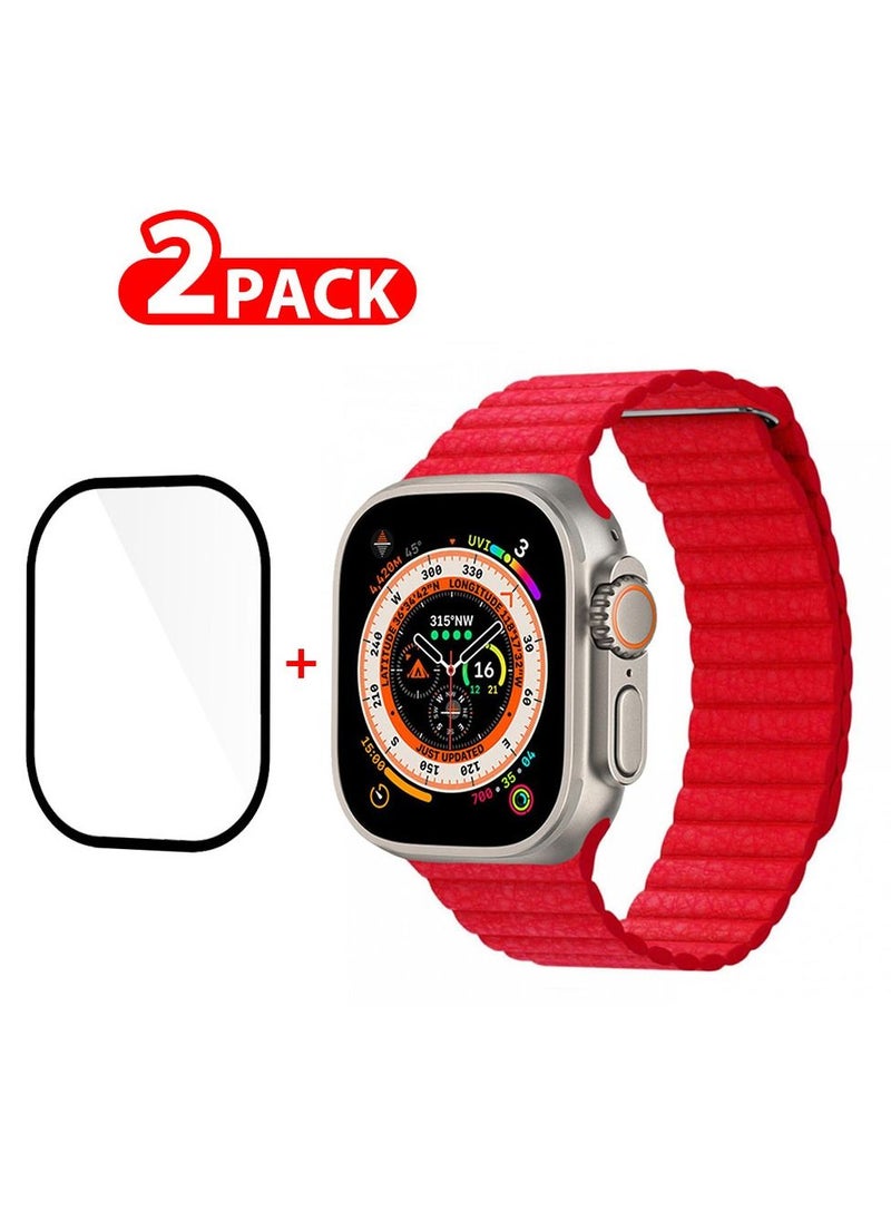 CATANES - 2 Packs For Apple Watch Band 49mm Leather Loop Band Magnetic Watch Strap Wristband and 3D Screen Protector Red - Image 1