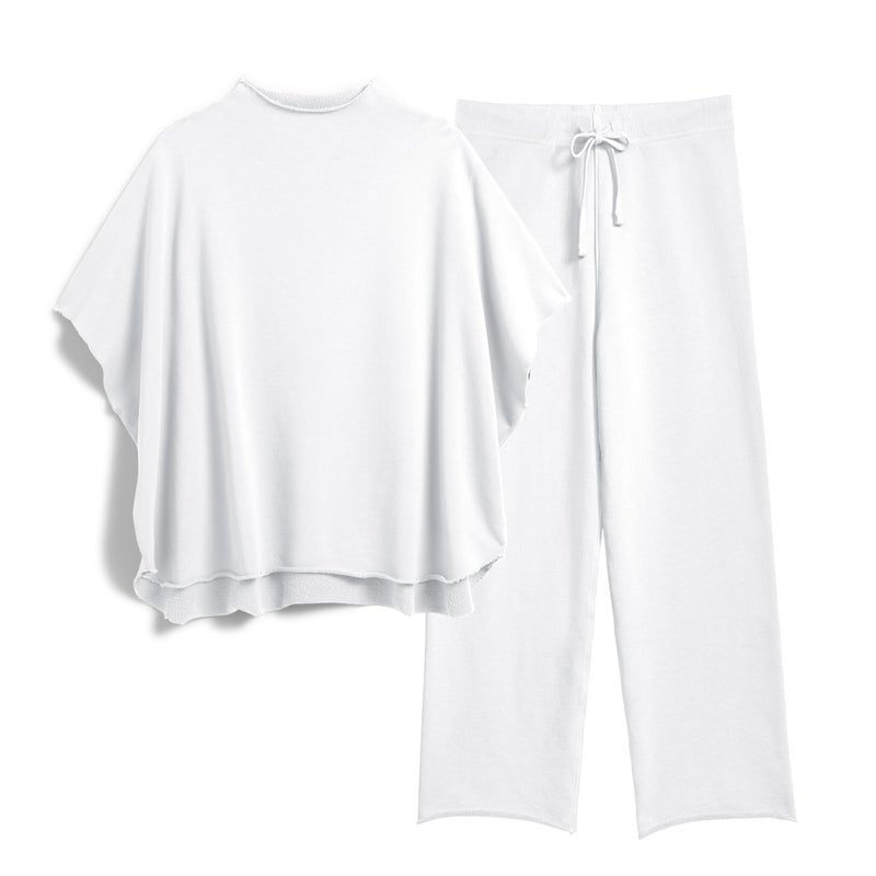 SeeLuNa Women's Two Piece Outfits 3/4 Batwing Sleeve Capelet Crew Neck Pullover Top Wide Leg Pants Lounge Set(White,S) - Image 1