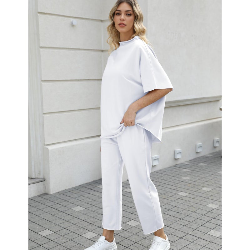 SeeLuNa Women's Two Piece Outfits 3/4 Batwing Sleeve Capelet Crew Neck Pullover Top Wide Leg Pants Lounge Set(White,S) - Image 4