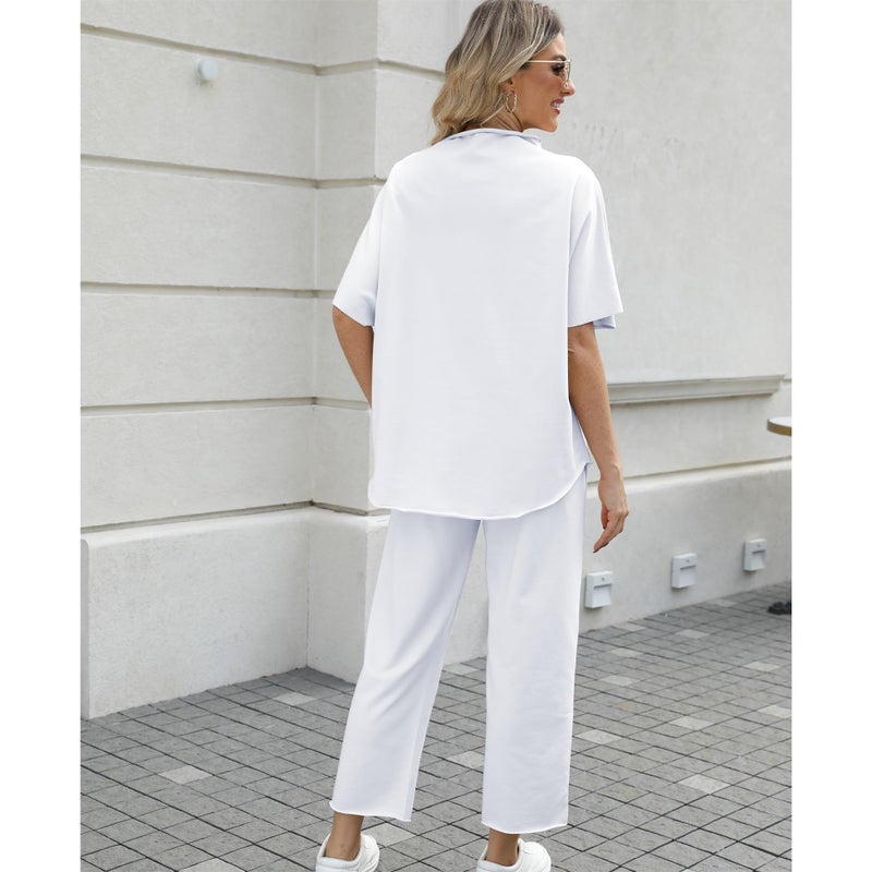SeeLuNa Women's Two Piece Outfits 3/4 Batwing Sleeve Capelet Crew Neck Pullover Top Wide Leg Pants Lounge Set(White,S) - Image 2
