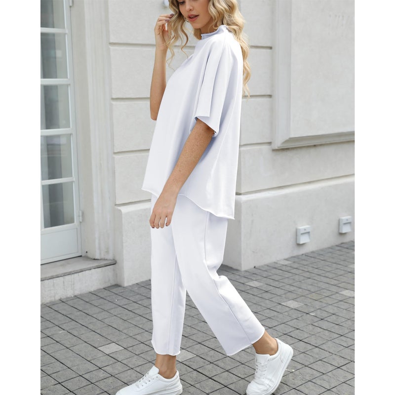 SeeLuNa Women's Two Piece Outfits 3/4 Batwing Sleeve Capelet Crew Neck Pullover Top Wide Leg Pants Lounge Set(White,S) - Image 3