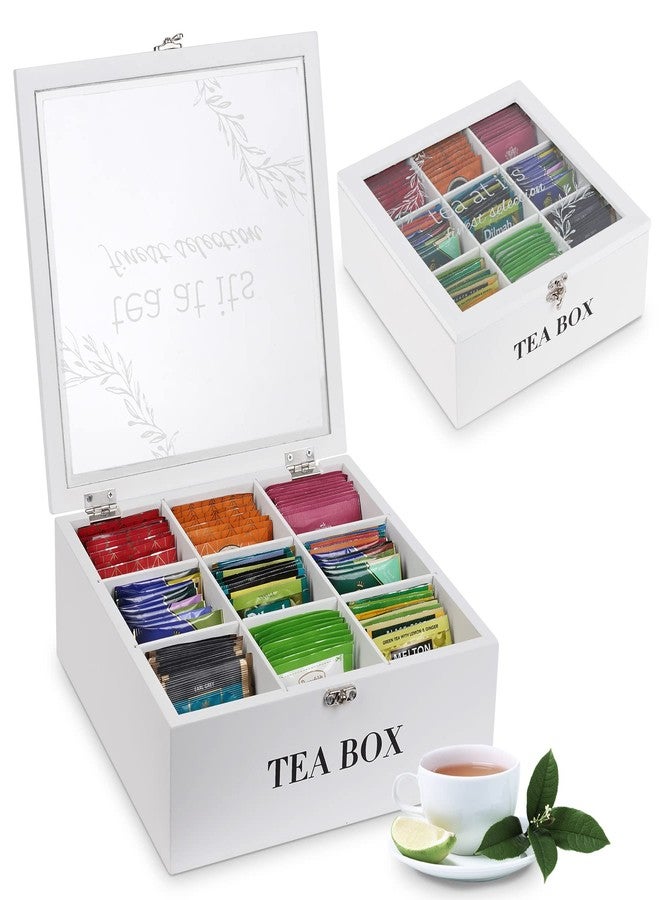 handrong Tea Box Organizer,Wood Tea Bag Holder Organizer,Modern Teas Bag Storage with 9 Compartments and Glass Cover for Home Office Gift - Image 1