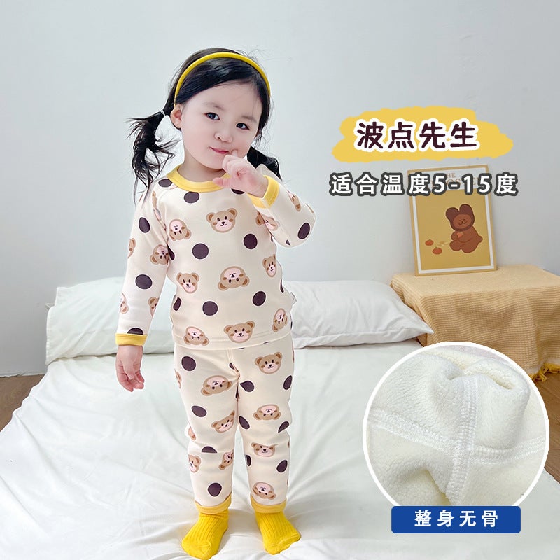Class A baby infant boneless underwear suit autumn and winter de Velvet thickened autumn clothes long pants childrens homewear Mr. polka dot