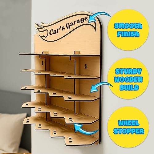 SWAGSTATION Hot Wheels Car Display Case for Kids – Wooden Garage Wall Hanging Rack – Holds 20 Toy Cars – Display Stand Organizer for Hot Wheels – Gift for Boys – (No Toys) (Pack of 2) - Image 3