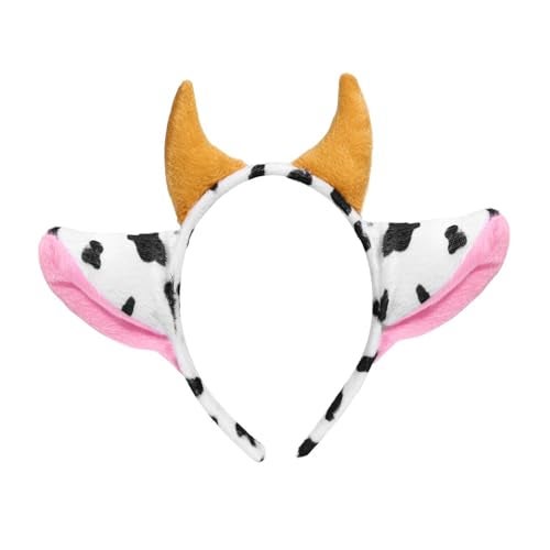 Hosfairy Cow Ears and Horns Headband Plush Animal Ears Headwear Elastic Hair Hoop – Soft Costume Hair Accessories for Party, Cosplay, Dress-Up - Image 1