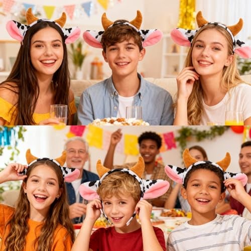 Hosfairy Cow Ears and Horns Headband Plush Animal Ears Headwear Elastic Hair Hoop – Soft Costume Hair Accessories for Party, Cosplay, Dress-Up - Image 2