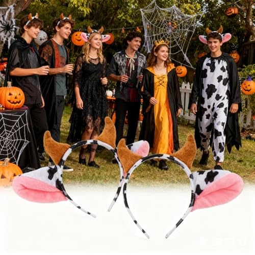 Hosfairy Cow Ears and Horns Headband Plush Animal Ears Headwear Elastic Hair Hoop – Soft Costume Hair Accessories for Party, Cosplay, Dress-Up - Image 3