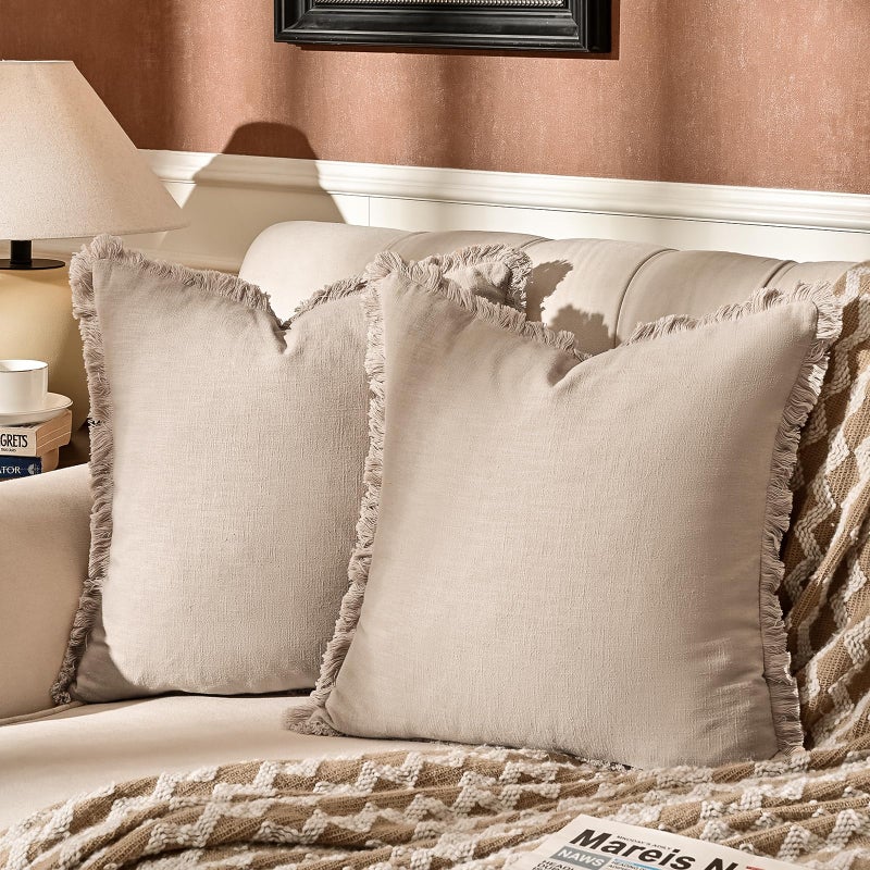 AmHoo Pack of 2 Linen Pillow Covers with Tassels Fringed Decorative Rustic Natural Throw Pillowcase Cushion for Couch Sofa Bedroom 18 x 18Inch Beige