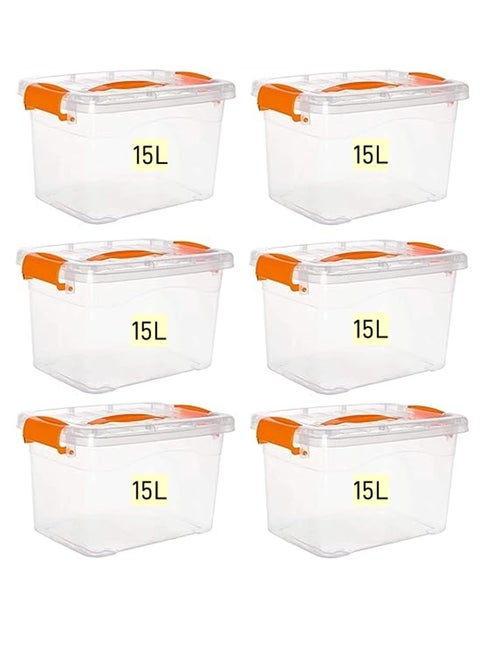 6pcs Plastic Storage Boxes, 15L Clear Stackable Containers With Lockable Lids, Clear Plastic Organizer – Transparent Box Storing Toys, Shoes, Kitchen Items, Snacks, Tools, Medicine