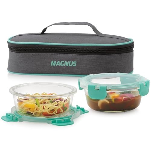 Magnus Glock Linen Glass Lunch Box with Flat Pouch and Detachable Clip, Includes 2 Round Airtight, Leakproof, Microwave Safe Borosilicate Glass Containers, 400 ML Each - Premium Lunch Boxes - Image 1