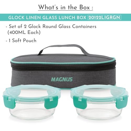 Magnus Glock Linen Glass Lunch Box with Flat Pouch and Detachable Clip, Includes 2 Round Airtight, Leakproof, Microwave Safe Borosilicate Glass Containers, 400 ML Each - Premium Lunch Boxes - Image 2
