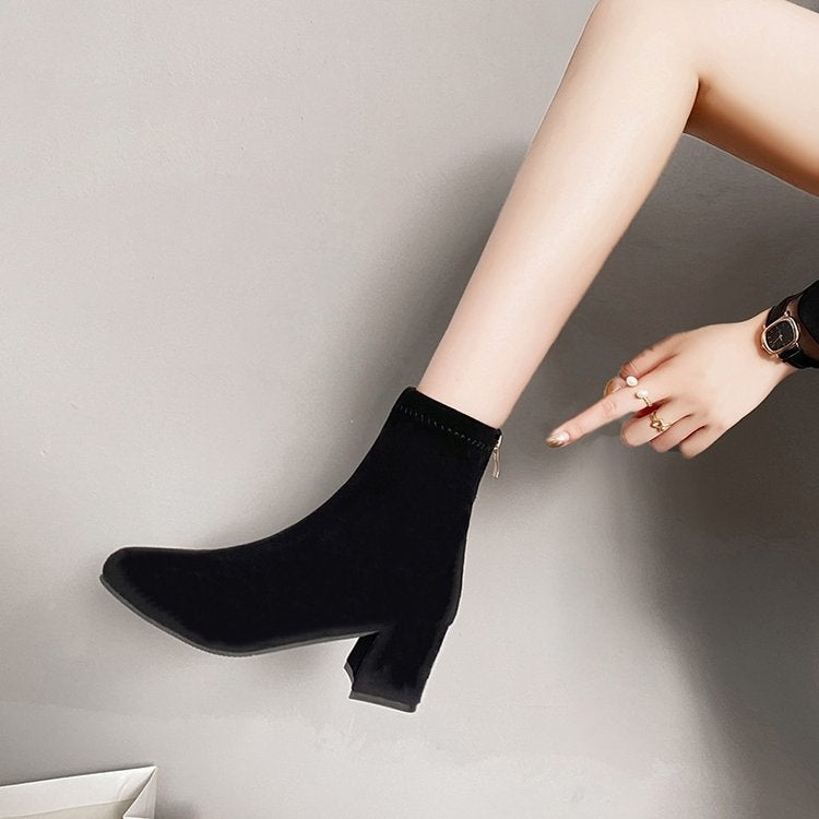Versatile Nude Chunky Heel Ankle Boots 2023 Black cotton lining 