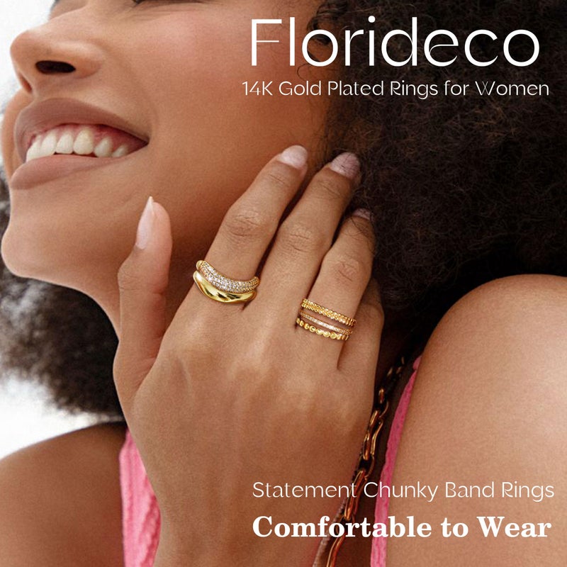 Florideco Stackable Rings for Women Non Tarnish Dainty 14K Gold Plated Stacking Cubic Zirconia Thumb Ring Set Trendy Statement Chunky Band Rings Promise Engagement Rings Size 6-G - Image 2